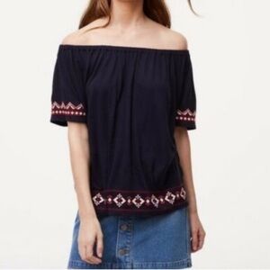 LOFT Blue Off The Shoulder Embroidered Top size Small
